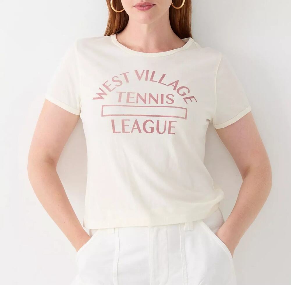 NWT J. Crew Broken-in Jersey "West Side Tennis League" Cropped T-Shirt Ivory XXS